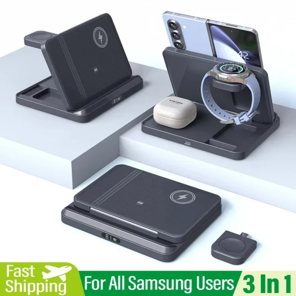 3 in 1 Wireless Charger Stand For Samsung Z Fold Zflip5 S23 S24 Ultra Galaxy Watch 6 5 Buds2 Foldable Fast Charging Dock Station