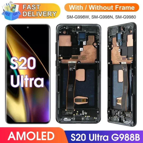 AMOLED S20 Ultra Screen Display with Frame, for Samsung Galaxy S20 Ultra G988B Lcd Display Touch Screen Digitizers with Frame