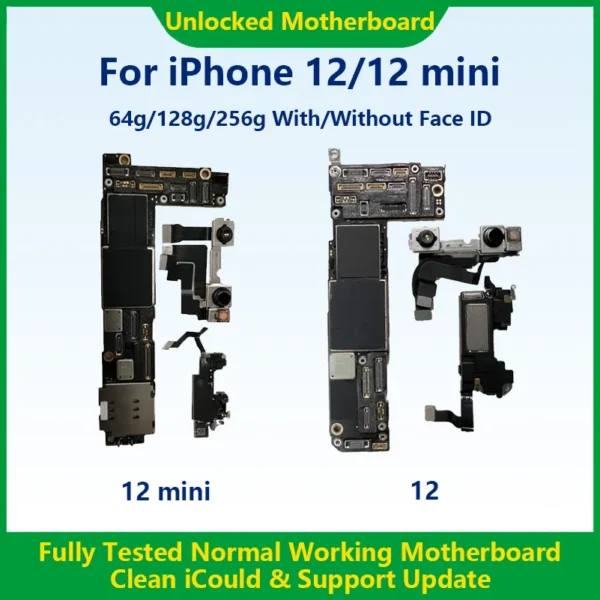 Fully Tested Authentic Motherboard For iPhone 12 64g/128g/256g Unlocked Mainboard With Face ID Cleaned iCloud Support Update