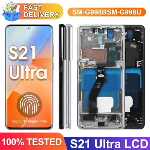 S21 Ultra Screen with Fingerprints, for Samsung Galaxy S21 Ultra 5G G998B G998B/DS Lcd Display Digital Touch Screen with Frame