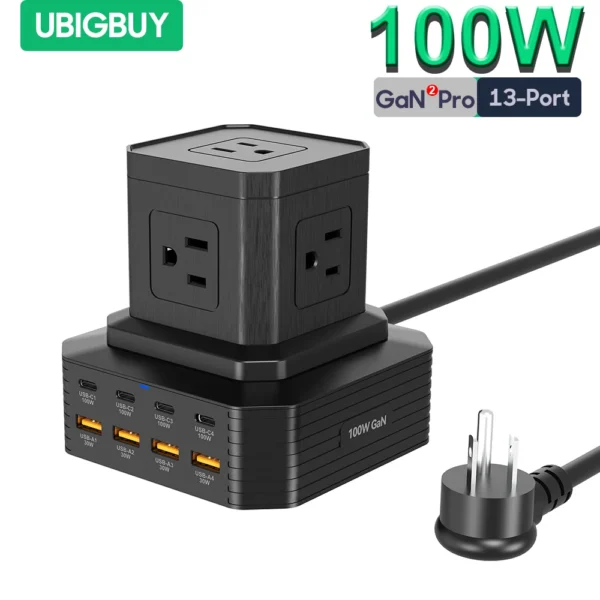 Ubigbuy Power Strip Tower, GaN Charger, Surge Protector with 5 AC Outlets and 8 USB Ports(PD 100W QC30W), Fast Charging Station