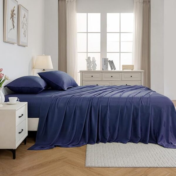 IKIFLY King Size Sheet Set, Striped Jacquard Ultra Soft Cooling Sheets, 16" Deep Pocket, Breathable & Wrinkle Resistance, 4 Piece Hotel Luxury Silky Bed Sheets & Pillowcases, Navy Blue