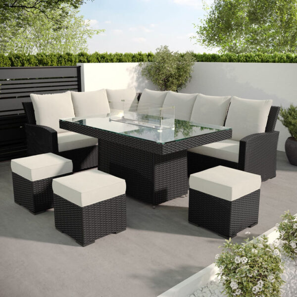 Nova Outdoor Living - Deluxe Cambridge Rattan Corner Dining Set - Fire Pit - Garden Table & Sofa with Stools