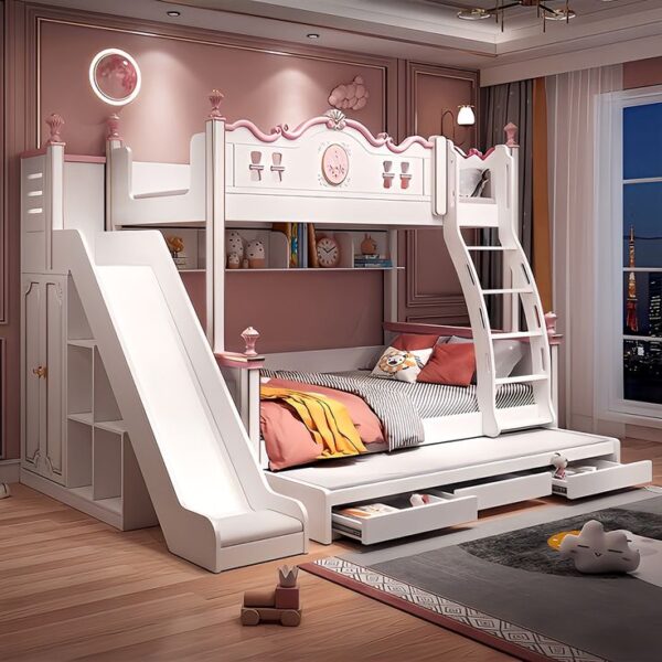 White Pink Wooded Sheet Bunk Bed Tripple bed Without mattress - Bunker bed kids bed kids Furniture
