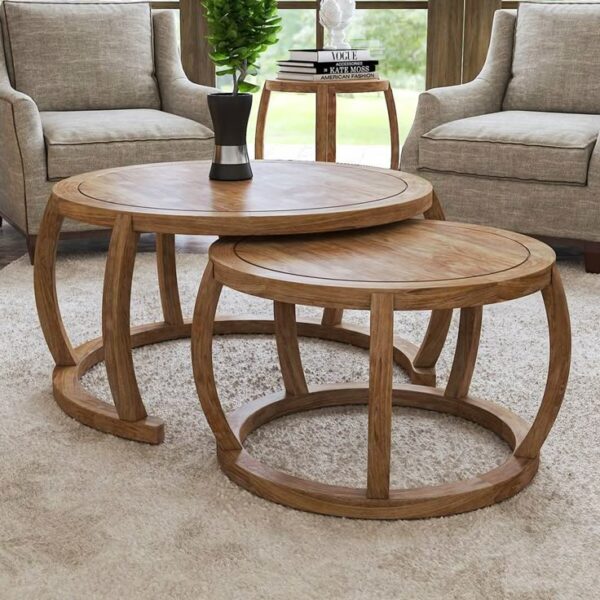 Round Coffee Table Set of 2, Natural Boho Coffee Table, Small Mid Century Modern Rattan Coffee Table