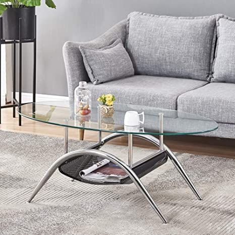 Oval-Shaped Glass Tea Table for Office, 3-Tier Modern Coffee Table, End Table for Living Room (Clear)