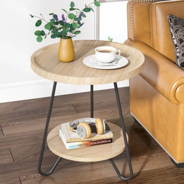 Small Coffee Table for Living Room | Wooden Round Bedside Table for Storage
