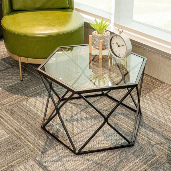 Big Hexagon Tempered Glass Black Coffee Side Table
