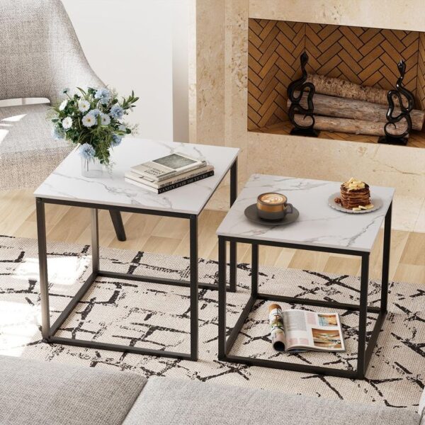 Coffee Table Set of 2, Modern Black Glass Side Table, Metal Frame Square End Table, Center Tables,Nesting Coffee Table for Living Room,Bedroom and Small Spaces