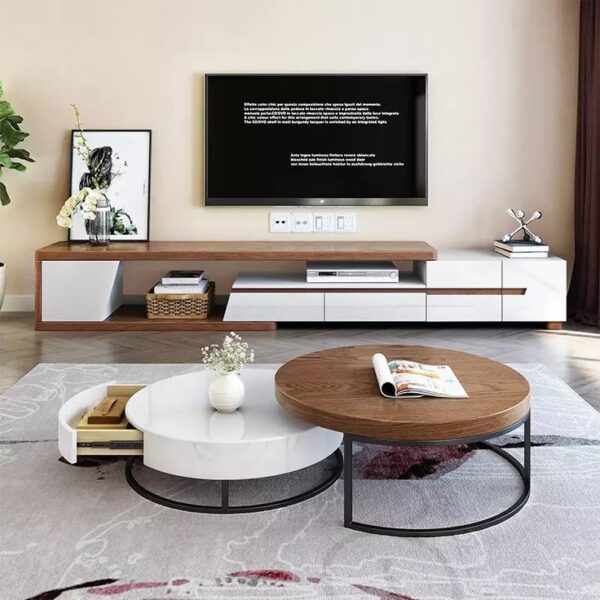 Round Coffee Table, Set of 2 Side Table Nesting Table with Steel Frame and Wooden Top, for Living Room